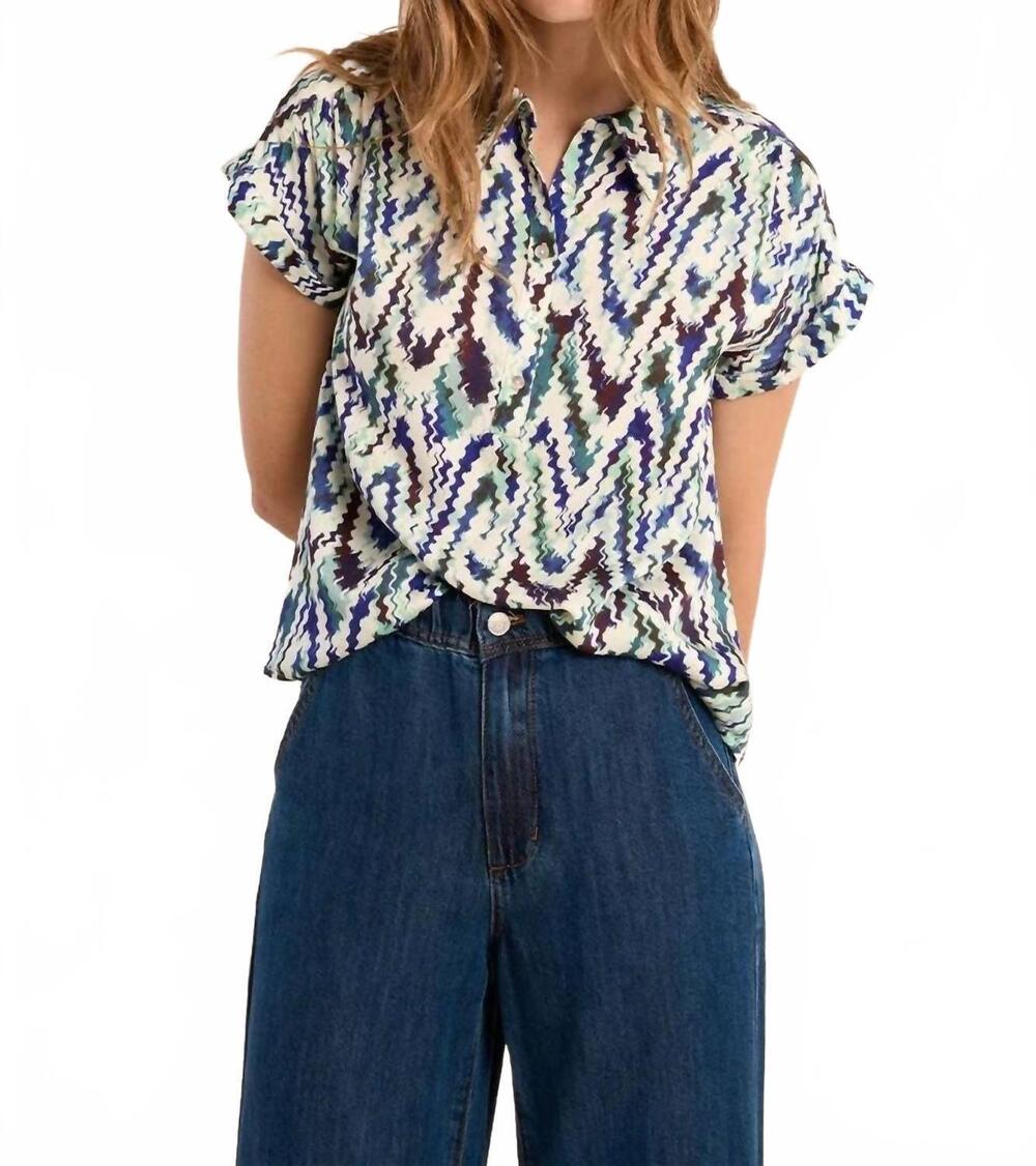 NEW MOLLY BRACKEN roll sleeve blouse in blue camille